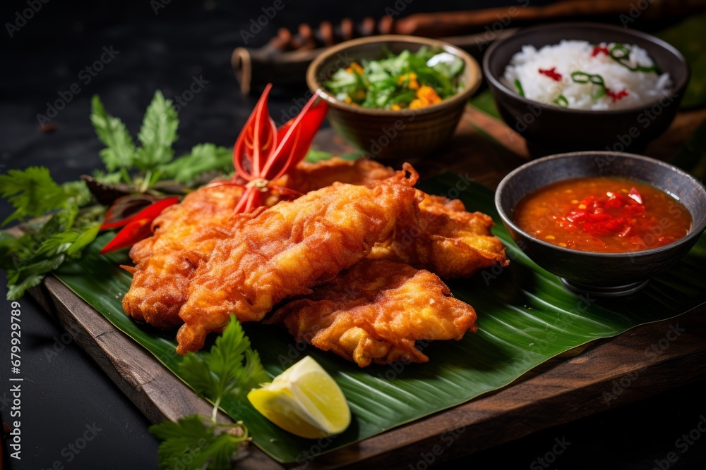 A vibrant close-up of the traditional Filipino street food, Ukoy - crispy shrimp fritters, served on a banana leaf with a side of spicy vinegar dip, a perfect blend of textures and flavors