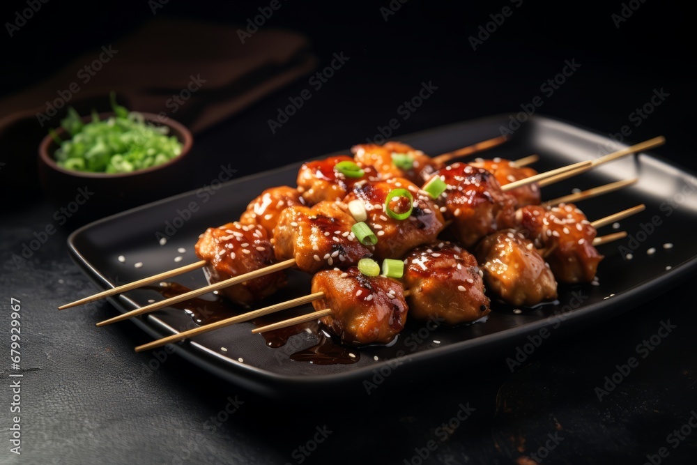 An appetizing image of Yakitori, traditional Japanese skewered chicken, beautifully arranged on a ceramic plate, garnished with fresh green onions and served alongside a dipping sauce