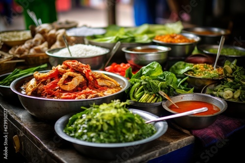 A vibrant street food stall in Thailand specializing in the preparation and sale of traditional Khanom Bueang, beautifully garnished with colorful toppings