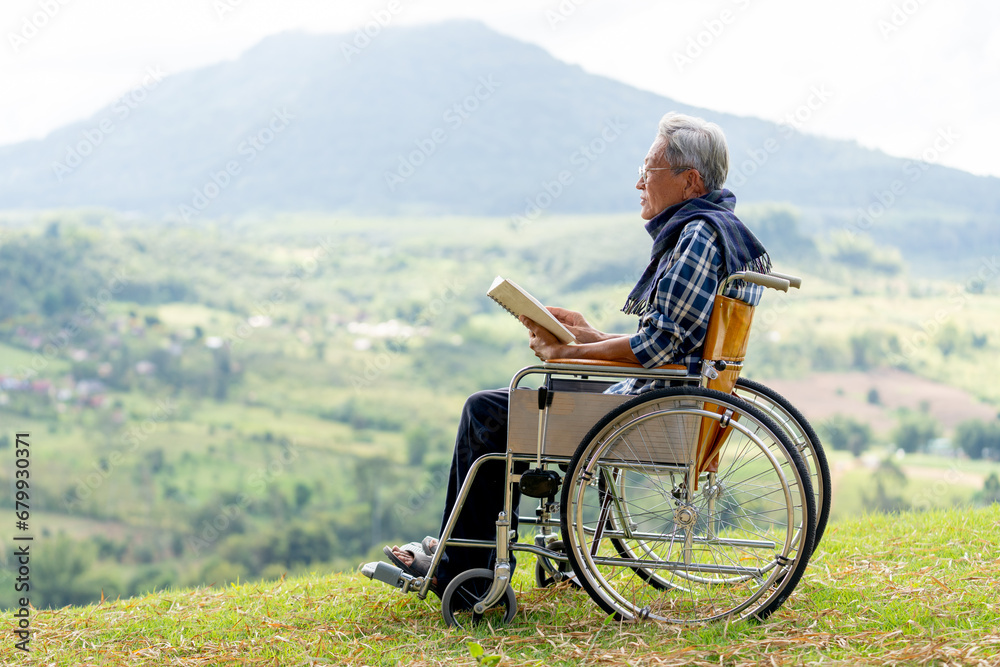 Asian senior man with eyeglasses look forward to relax after read the book and sit on wheelchair also stay near the cliff with grassfield and mountain as background.