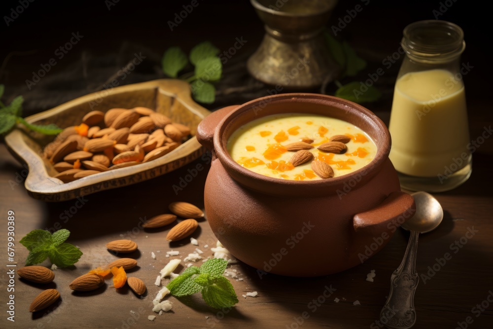A Traditional Indian Sweet Dish 'Junnu' Made from Colostrum Milk, Served in a Clay Pot, Garnished with Almonds and Saffron, on a Rustic Wooden Table with a Spoon A Traditional Indian Sweet Dish 'Junnu' Made from Colostrum Milk, Served in a Clay Pot, Garnished with Almonds and Saffron, on a Rustic Wooden Table with a Spoon