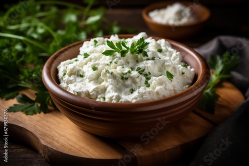 A Bowl of Fresh, Creamy Cottage Cheese Garnished with Freshly Chopped Herbs and Served on a Rustic Wooden Table, Perfect for a Healthy Breakfast or Snack