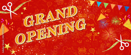 Poster design. Grand opening shop  colorful display illustration. Store opening poster with red background and metallic gold motifs suitable for New Year and Lunar New Year for Asia