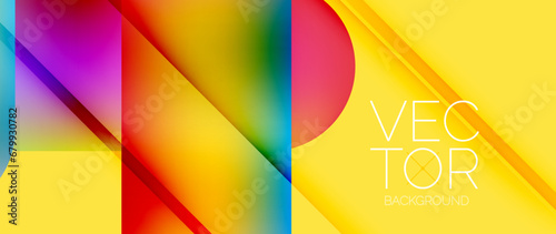 Dynamic bright colorful geometric elements with fluid gradients, lights, shadows blend in a minimal backdrop, creating captivating composition