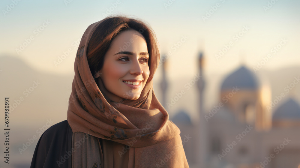 Portrait of Iranian woman in front of Iranian city Portrait of Iranian woman in front of Iranian city