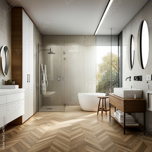 Modern and simple bathroom interior  suitable for catalog cover photos in magazines or advertisements. Generative AI