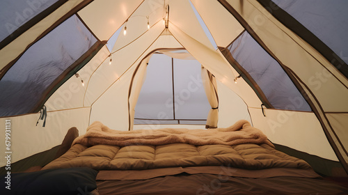 inside of a tent all set up cozy with fairy lights and air mattresses comfortable clean bedding and fur rug.