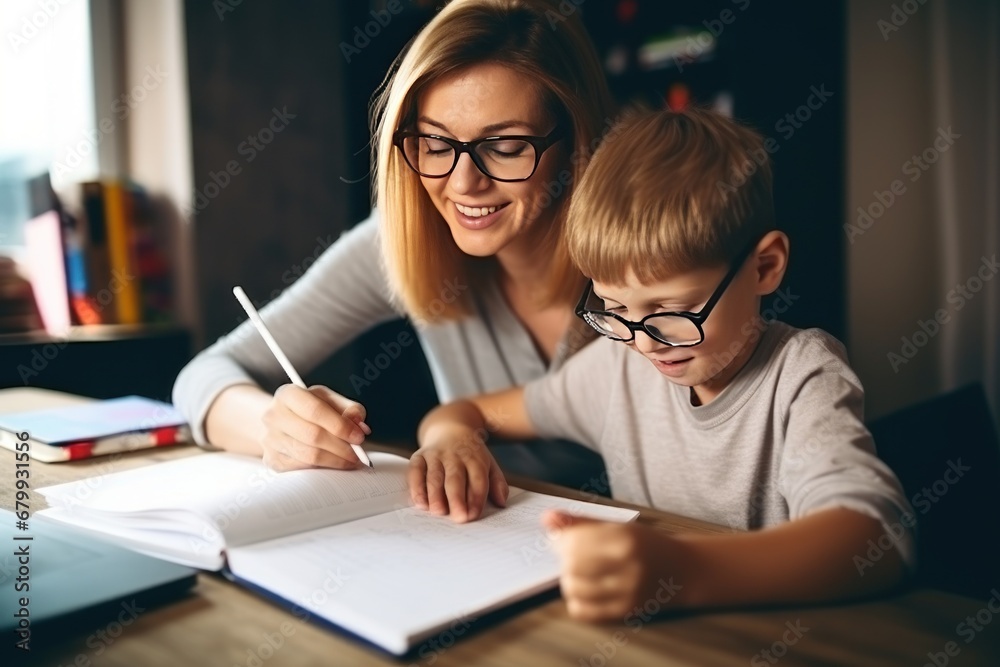 Mom helps son do homework sitting at table writing in notebook right answer. Boy asks mother to help with homework at table with laptop. Mom in cozy modern apartment helps her son with lessons Mom helps son do homework sitting at table writing in notebook right answer. Boy asks mother to help with homework at table with laptop. Mom in cozy modern apartment helps her son with lessons