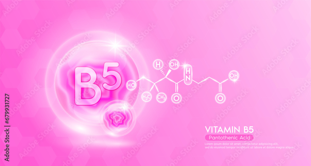 Vitamin B5 essential supplement to the health body. Pink vitamins complex and chemical formula structure. Minerals collagen serum. Beauty nutrition skin care design or cosmetic. 3D vector.