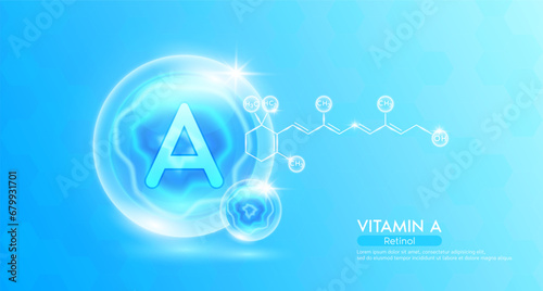 Vitamin A essential supplement to the health body. Blue vitamins complex and chemical formula structure. Minerals collagen serum. Beauty nutrition skin care design or cosmetic. 3D vector.