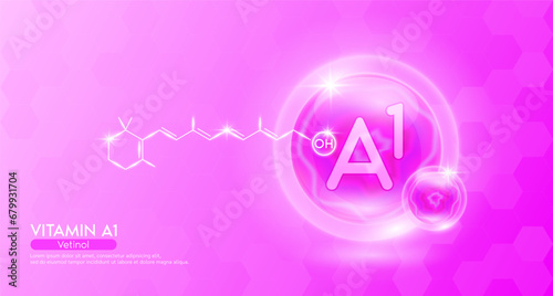 Vitamin A1 essential supplement to the health body. Pink vitamins complex and chemical formula structure. Minerals collagen serum. Beauty nutrition skin care design or cosmetic. 3D vector.
