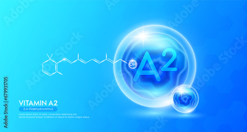 Vitamin A2 supplement to the health body. Blue vitamins complex and chemical formula structure. Minerals collagen serum. Beauty nutrition skin care design or cosmetic. Vector.