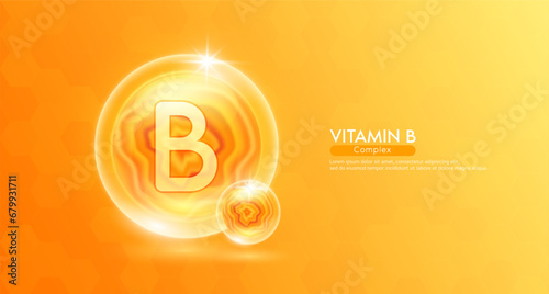 Vitamin B essential supplement to the health body. Orange vitamins complex and chemical formula structure. Minerals collagen serum. Beauty nutrition skin care design or cosmetic. 3D vector.