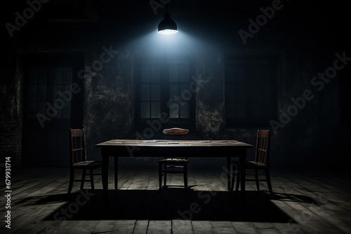 Table and chair in dark place with a spotlight from above © Akhsanul