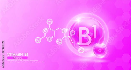 Vitamin B1 essential supplement to the health body. Pink vitamins complex and chemical formula structure. Minerals collagen serum. Beauty nutrition skin care design or cosmetic. 3D vector.