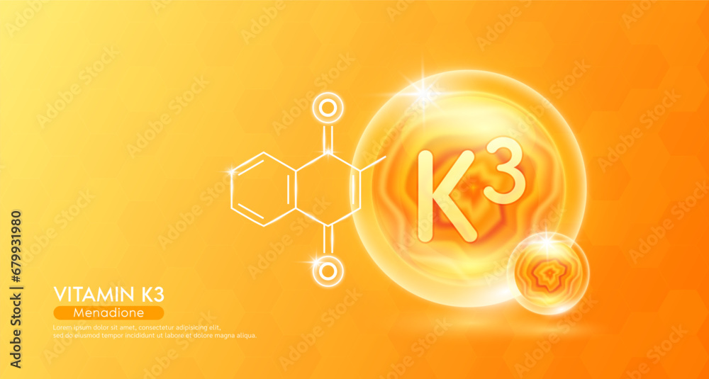 Vitamin K3 essential supplement to the health body. Orange vitamins complex and chemical formula structure. Minerals collagen serum. Beauty nutrition skin care design or cosmetic. 3D vector. - obrazy, fototapety, plakaty 