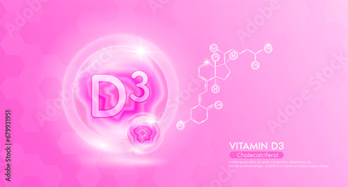 Vitamin D3 essential supplement to the health body. Pink vitamins complex and chemical formula structure. Minerals collagen serum. Beauty nutrition skin care design or cosmetic. 3D vector.