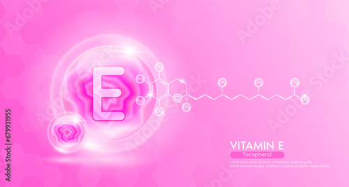 Vitamin E essential supplement to the health body. Pink vitamins complex and chemical formula structure. Minerals collagen serum. Beauty nutrition skin care design or cosmetic. 3D vector.