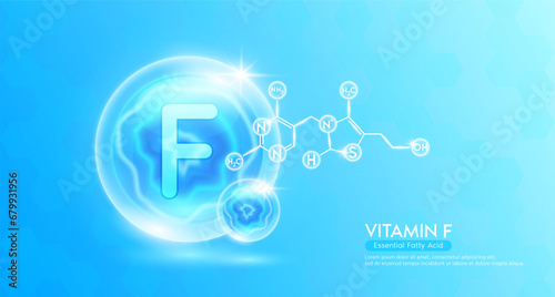 Vitamin F or Essential fatty acid. Supplement to the health body. Blue vitamins complex and chemical formula structure. Minerals collagen serum. Beauty nutrition skin care design or cosmetic. Vector.