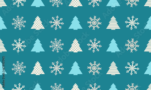 geometric pattern of christmas trees  with snowflakes for new year, wrapping paper design in blue color