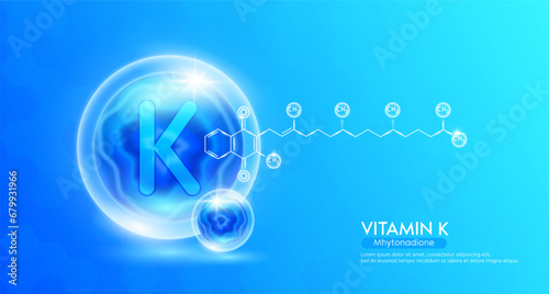 Vitamin K. Supplement to the health body. Blue vitamins complex and chemical formula structure. Minerals collagen serum. Beauty nutrition skin care design or cosmetic. Vector.
