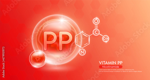 Vitamin PP essential supplement to the health body. Red vitamins complex and chemical formula structure. Minerals collagen serum. Beauty nutrition skin care design or cosmetic. 3D vector.