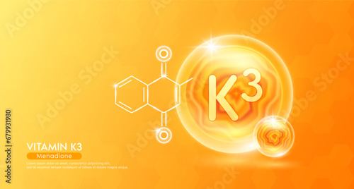 Vitamin K3 essential supplement to the health body. Orange vitamins complex and chemical formula structure. Minerals collagen serum. Beauty nutrition skin care design or cosmetic. 3D vector. photo