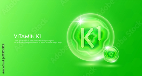 Vitamin K1 essential supplement to the health body. Green vitamins complex and chemical formula structure. Minerals collagen serum. Beauty nutrition skin care design or cosmetic. 3D vector.
