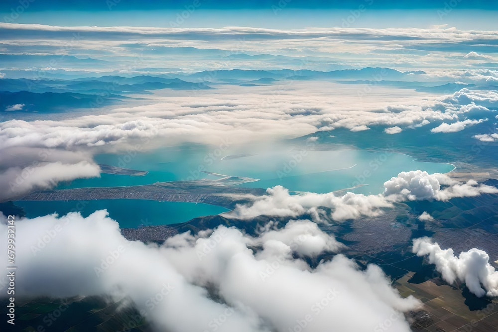 Aerial view from airplane window at high altitude of distant city covered with white puffy cumulus clouds