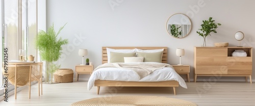 Bedroom in light colors with wooden eco furniture and accessories with a mirror and a panoramic window. The concept of a laconic Scandinavian interior. Copyspace