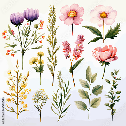 Set of wild field flowers clipart, isolated on white background.
