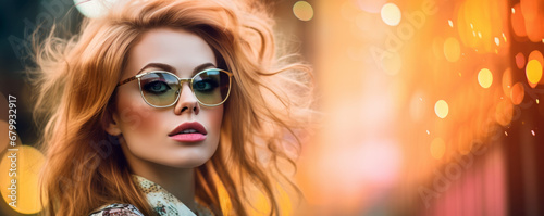 Bold fashion photography featuring a female in front of bokeh and eyeglasses.