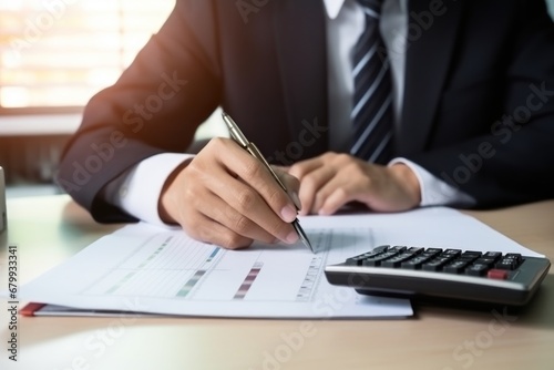 Accountant works with reports counting data on calculator. Businessman makes profit with salary calculations for company employees. Accountant of workstation weekdays at big cash-rich firm