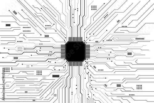 Black circuit diagram on white background. High-tech circuit board connection system.Central Computer Processors CPU concept. technology on white background.