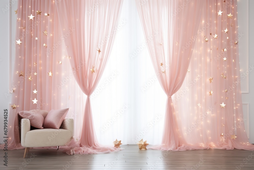 airy style curtains, shimmering pink gold, splendor, stars, confetti amazing background