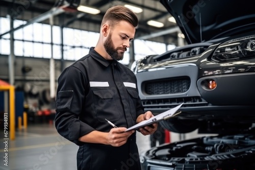 Male car mechanic of appearance rechecks mechanism of machines at service station standing with clipboard at workplace. Inspecting vehicles and repairing broken parts. Recording working moments photo