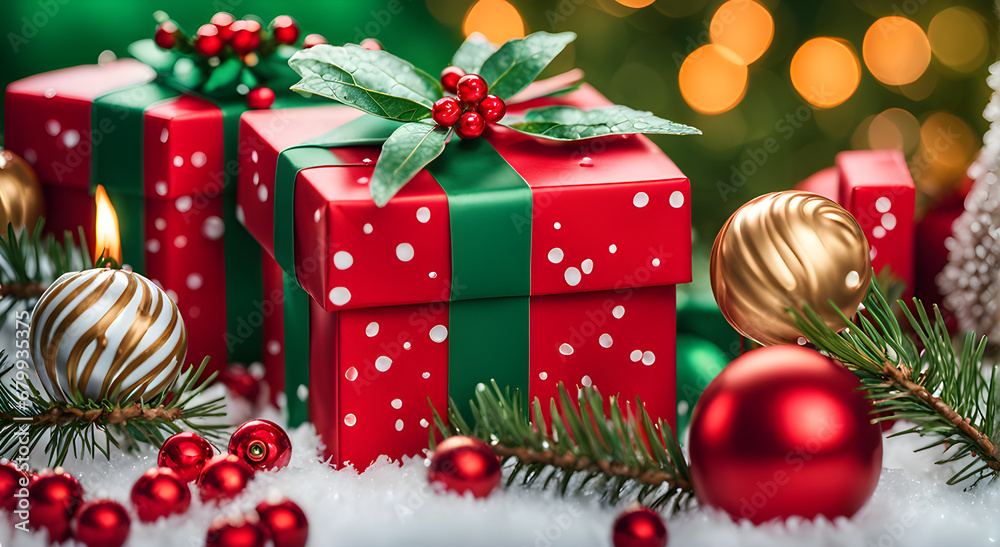 Christmas decoration with gift box and baubles on bokeh background Christmas decoration with gift box and baubles on bokeh background