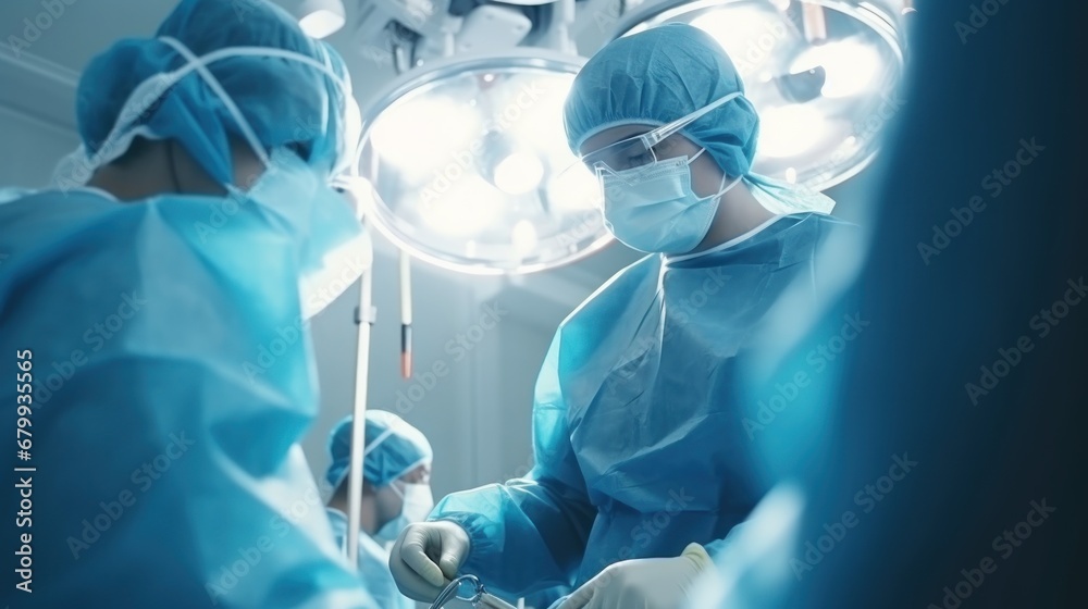 Group of surgeons in uniforms operate with professional equipment on patient in hospital Group of surgeons in uniforms operate with professional equipment on patient in hospital