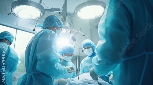 Group of surgeons in uniforms operate with professional equipment on patient in hospital