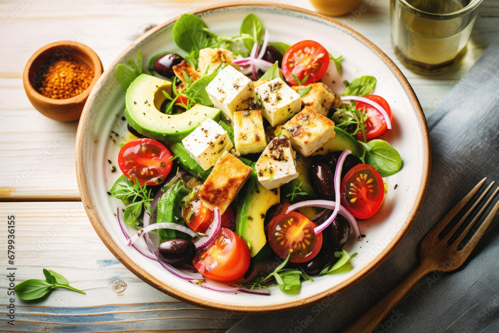 Appetizing Greek salad on wooden table, top view