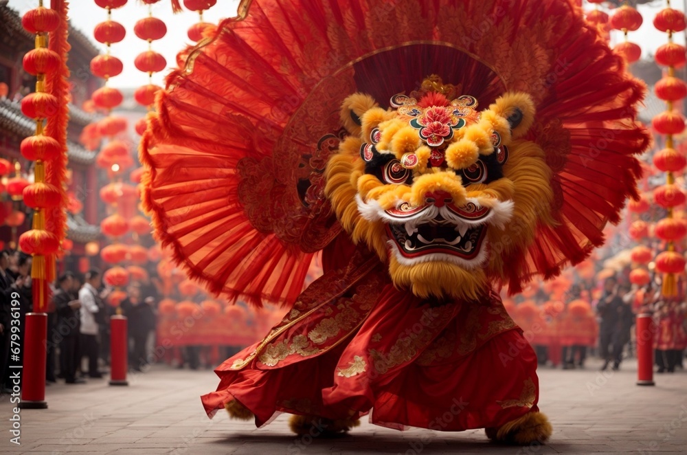 Obraz premium Chinese traditional lion dance performance in the Forbidden City.