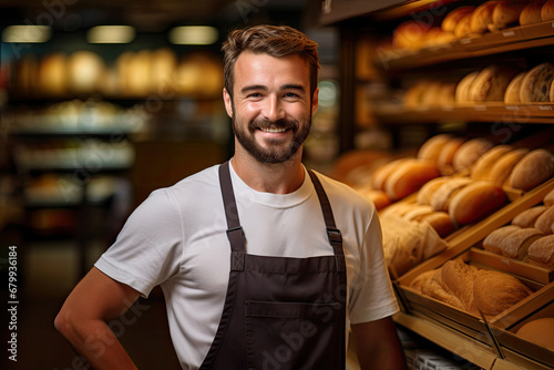 Portrait of a smiling baker standing near the shelves with baked bread