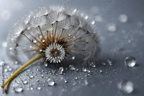 Dandelion with drops of dew in a silver color. Water drops on a parachutes dandelion on a beautiful silver background photo