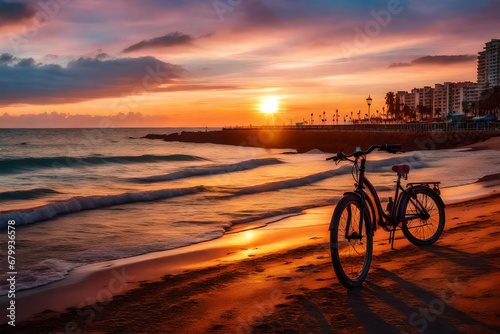 Colorful sea embankment and sunset. Bike near surf line