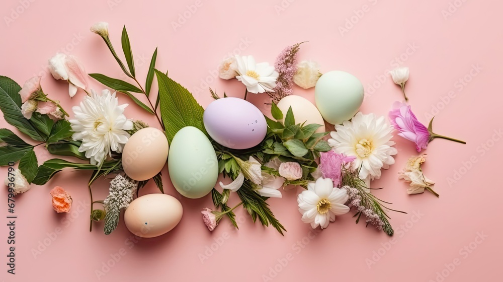 Top View of Happy Easter Day banner concept design of colorful eggs and plants on pastel background Top View of Happy Easter Day banner concept design of colorful eggs and plants on pastel background