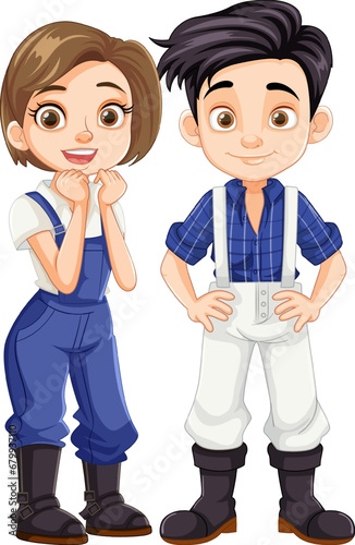 A Young Farmer Couple in Vector Cartoon Style