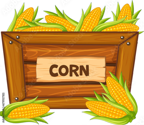 Corn in Wooden Box with Corn Sign Banner