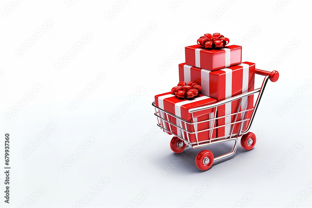 Supermarket cart with red gift boxes with white ribbons. E commerce. Generative AI.
