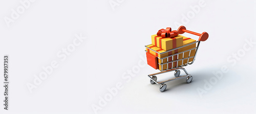Obraz na płótnie Supermarket cart with yellow gift boxes with red ribbons. E commerce. Generative AI. w salonie