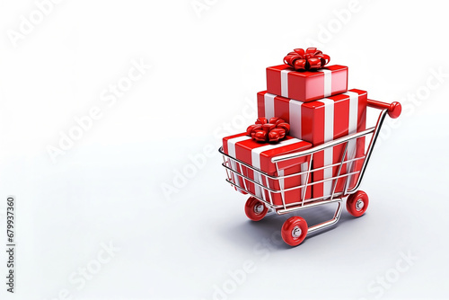 Obraz na płótnie Supermarket cart with red gift boxes with white ribbons. E commerce. Generative AI. w salonie